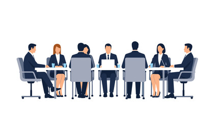 Illustration of a diverse group of business professionals sitting around a table in a corporate formal setting for a meeting with a creative conceptual style.