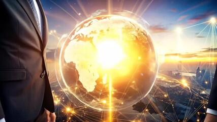 Global Business Deal: Handshake Over Earth with Cityscape - Powered by Adobe