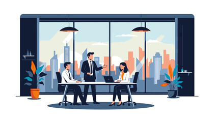 Illustration of a corporate meeting with diverse professionals in a modern office setting with a cityscape view, conveying a formal and conceptual teamwork atmosphere.
