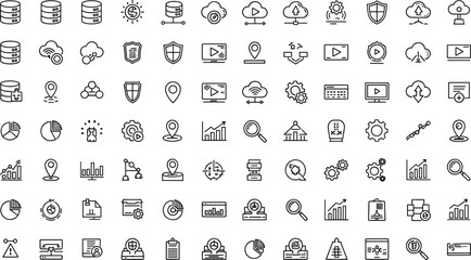 Business analytics and cloud technology line icon set featuring data storage, security, charts, reports, networking and digital management symbols in clean outline vector style