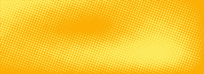Yellow halftone pattern. Retro comic gradient background. Bright orange pixelated dotted texture overlay. Cartoon pop art faded gradient pattern. Vector backdrop for poster, banner, Vector ilustration