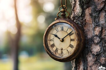 A timeless antique pocket watch hangs gently from a weathered tree, whispering stories of bygone eras in a sun-dappled forest setting.