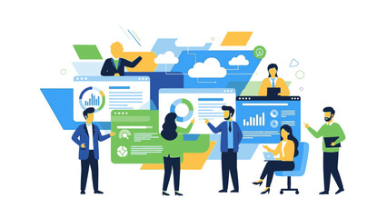 Illustration of a diverse team collaborating in a modern office setting with various digital devices and graphs, conveying a corporate formal and tech-savvy atmosphere with a creative