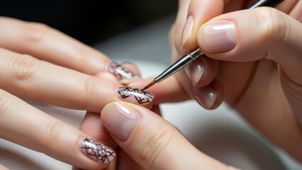 Manicurist painting geometric black nail art design on fingers with thin brush