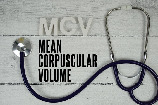 MCV Mean Corpuscular Volume text with Stethoscope on wooden background