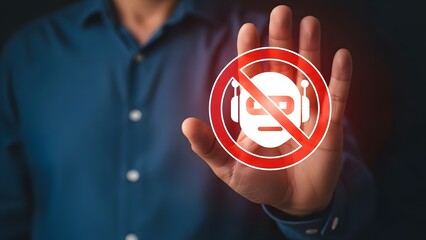 A person's hand with a red stop sign over a robot icon, symbolizing anti-bot measures and digital security.