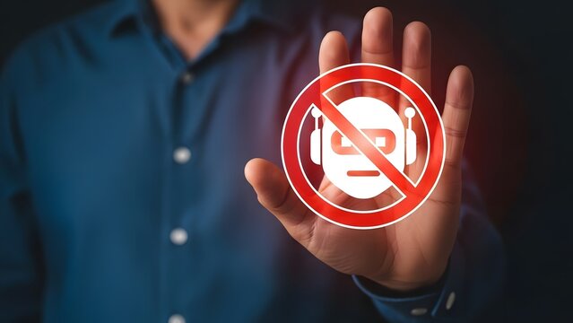 A person's hand with a red stop sign over a robot icon, symbolizing anti-bot measures and digital security. - Powered by Adobe