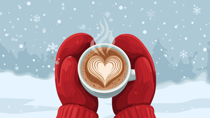 Hands in red mittens holding hot coffee with heart latte art in snowy winter scene. Cozy beverage illustration.