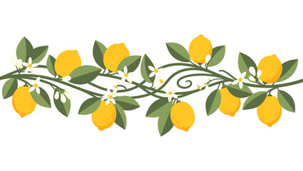 Decorative lemon vine border illustration with ripe yellow fruits, green leaves, and white blossoms. Fresh citrus design element. © Nimker harva