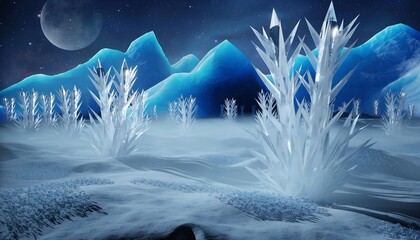 Alien Planet Landscape with Sharp Crystal Structures, Glowing Blue Mountains and Giant Moon in Night Sky