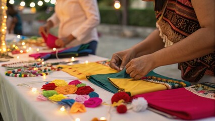 Colorful textiles and handmade crafts are displayed on a table, with people arranging items and decorative lights in the background, creating a vibrant atmosphere.