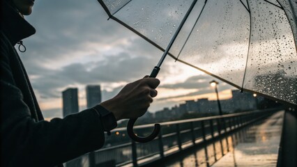 A person holding an umbrella on a rainy evening, with a cityscape in the background, reflecting the mood of solitude and urban life.