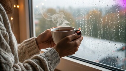 Cozy hands holding a warm cup of coffee by a rainy window, evoking a sense of comfort and relaxation.