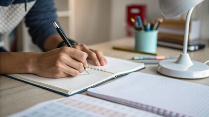 A person writes in a notebook at a desk, surrounded by stationery, with a lamp providing light in a cozy workspace.