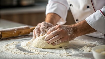 A chef kneads dough on a flour-dusted countertop, emphasizing the art of baking and culinary skill.