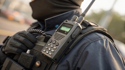 Close-up of a person in tactical gear with a radio device attached, emphasizing communication in a law enforcement context.