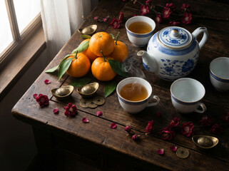 Morning tea ceremony for Chinese New Year. Porcelain teapot with tangerines and gold ingots on wooden table near window light.