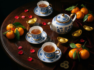Traditional Chinese tea set with steaming tea, mandarin oranges, and gold ingots on dark wooden table. Lunar New Year still life.