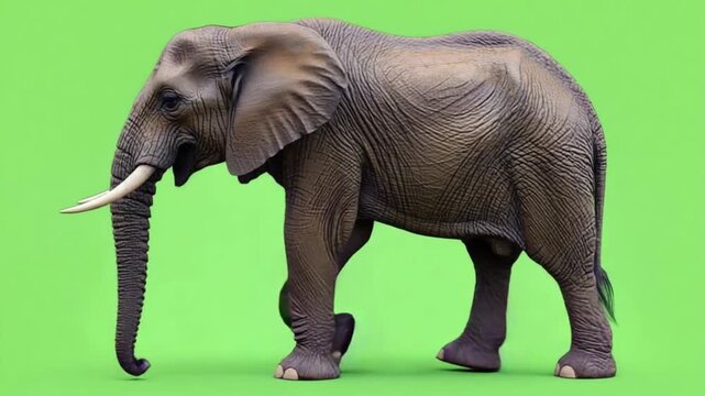 Majestic elephant walking on green screen with tusks and wrinkled skin
