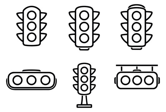 Line art traffic light icons set featuring various signal designs for road safety and navigation