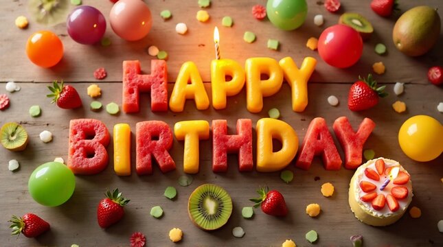 Colorful Happy Birthday 3D Typography with Candy and Fruit Decorations