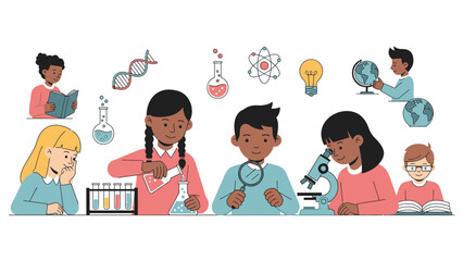 Diverse group of children engaged in science experiments and learning.