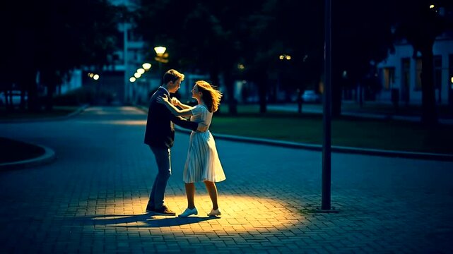 Young couple dancing romantically under a street lamp at night.