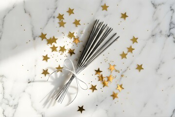 Festive New Year's Eve Sparklers and Gold Star Confetti Flat Lay on Marble