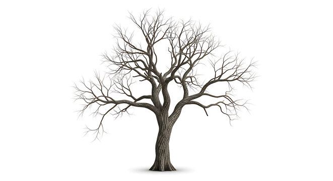 Detailed digital illustrations of a leafless deciduous tree, featuring intricate bare branches and a sturdy trunk, isolated on a clean white background, ideal for winter designs
