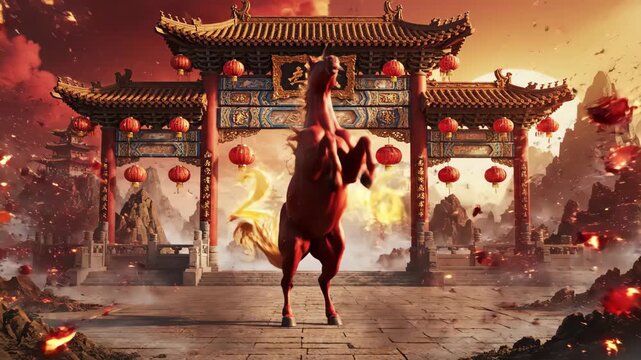Red Fire Horse Galloping Through Ancient Chinese Landscape Celebrating Year 2026 Chinese New Year Fantasy Mythological Concept Ai