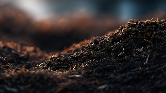 Close-up of rich, dark soil with organic textures, showcasing the beauty of nature's compost. Perfect for gardening, ecology, and sustainable practices.