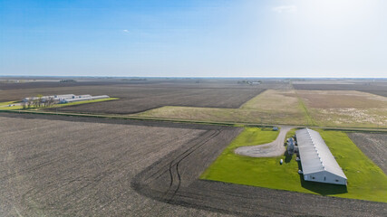 Aerial view above a confined animal operation hog building