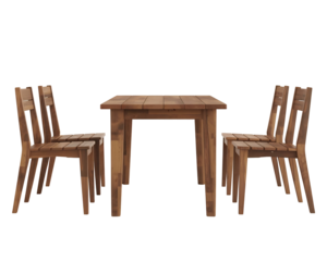 A sturdy natural wooden dining table with four matching slatted back chairs arranged neatly, isolated on transparent background