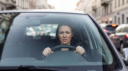 Stressed woman driver stuck in traffic. City traffic causes delays, traffic anxiety in rushhour, ideal for backtoschool commute, holidaytravel warnings, road safety message, copy space