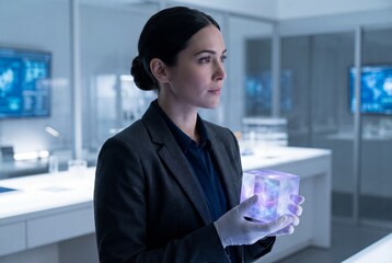 Serious female researcher holding a glowing geometric cube in a modern futuristic laboratory