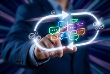 Businessman hand activating digital speech bubbles inside a loop showing communication flow concept