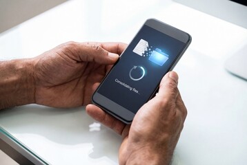 Man holding smartphone displaying file consolidation and data organization process app