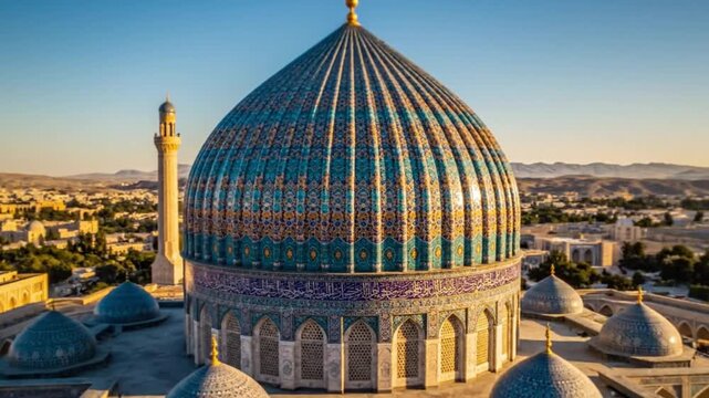 Breathtaking Aerial View of the Grand Kalyan Minaret and Mosque Complex in Bukhara, Uzbekistan at Sunset.