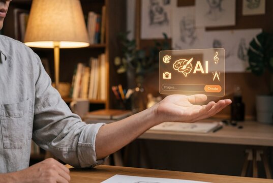 Man using generative AI interface hologram with brain and art icons in cozy studio workspace - Powered by Adobe