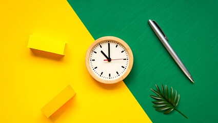 Colorful workspace with clock pen sticky notes and plant leaf on green and yellow background