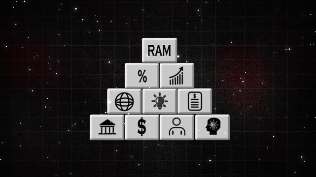 RAM Pyramid Diagram with Finance, Global Network, Idea, Document and People Icons on Dark Background, Memory Architecture, Digital Business Strategy and Web Technology Concept