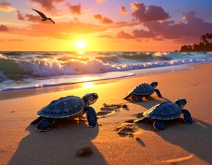 Baby turtles crawl onto sandy beach, ocean waves and sunset create a serene coastal landscape with vibrant colors