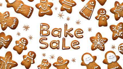 Bake Sale Text Composed of Gingerbread Cookies with Glaze Isolated on Transparent Background