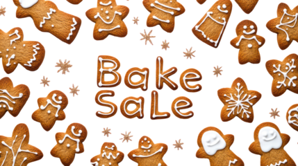 Bake Sale Text Composed of Gingerbread Cookies with Glaze Isolated on Transparent Background