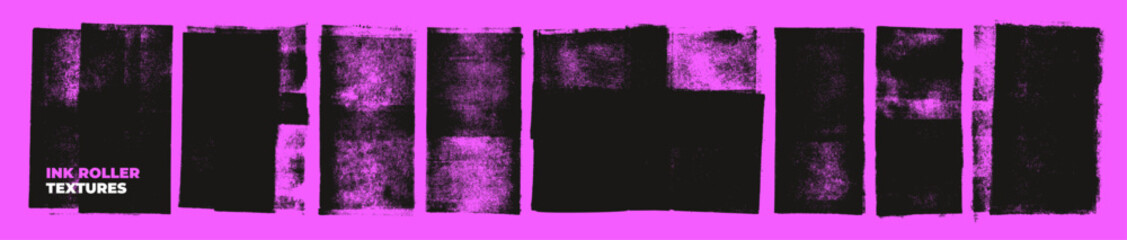 Xerox linocut stamps. Grunge linocut stamp texture collection. Vector dust overlay grain textures on bright pink background. Hand drawn abstract grungy effect for street art design.