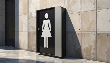 Womens restroom sign on modern building exterior, public convenience.