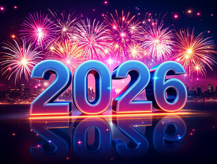2026 New Year Celebration with Fireworks and Cityscape