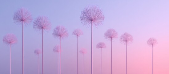 Delicate pink dandelion-like plants stand tall against a soft gradient background of purple and peach, creating a serene and ethereal visual