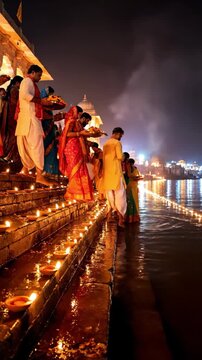A low light vertical shot captures devotees performing a spiritual aarti ritual with warm golden diyas on a sacred indian river ghat at night.