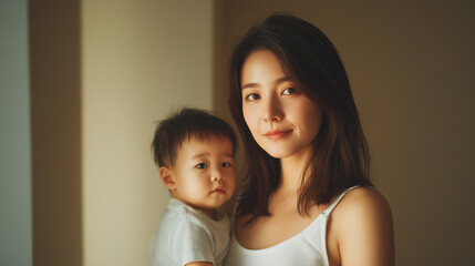Young Korean mother holding toddler child with soft warm light, emotional and tender moment indoors